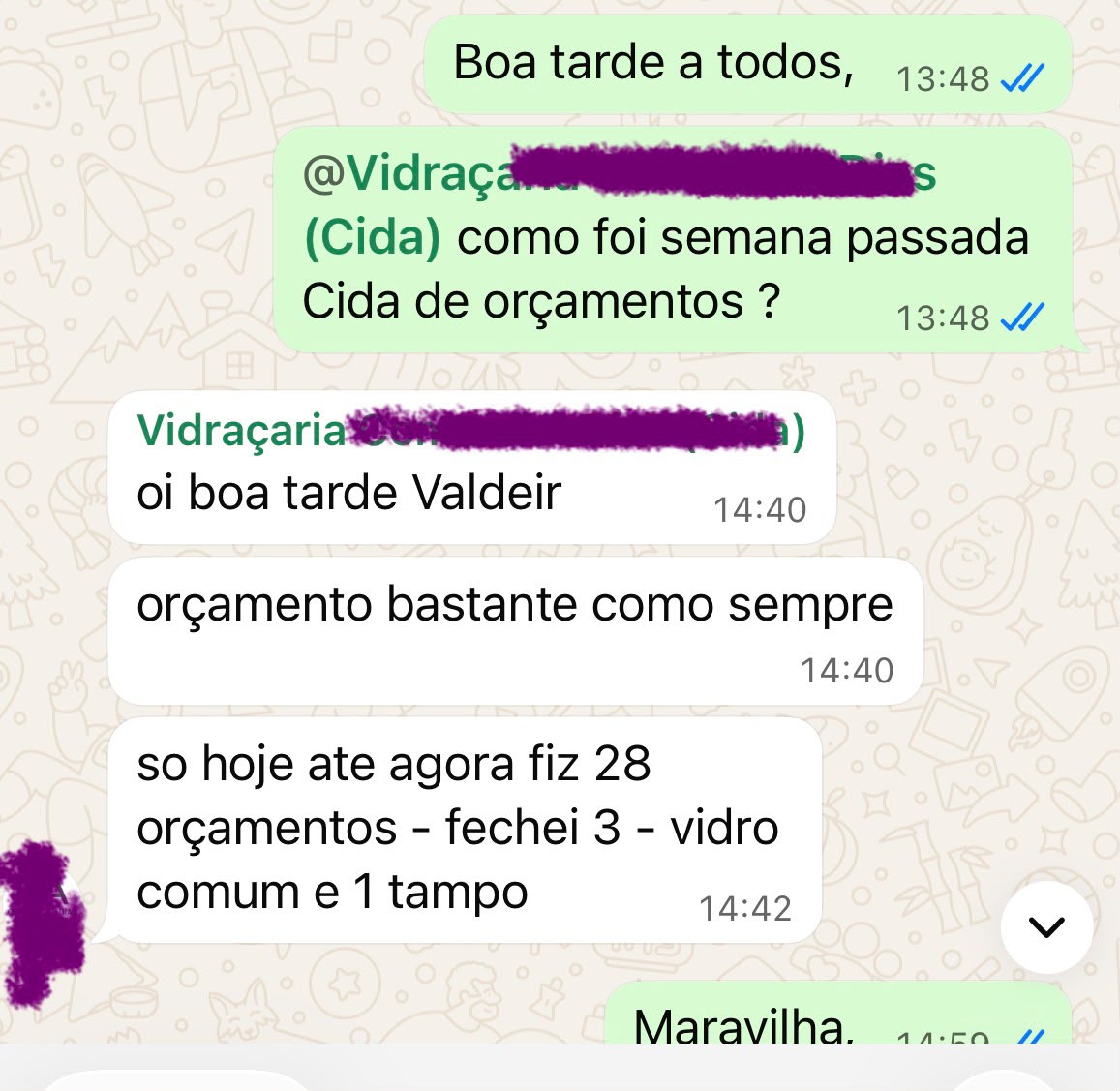 Print de WhatsApp: hoje fiz 28 orçamentos e fechei 3