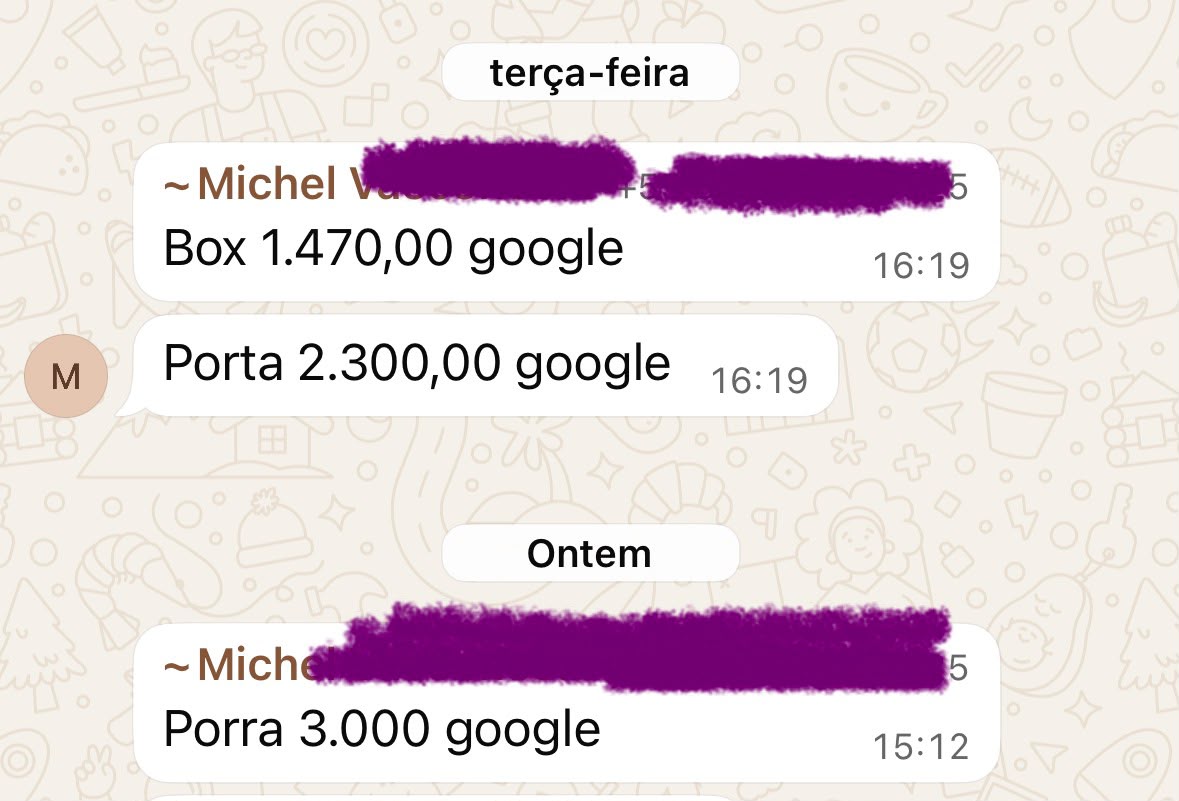 Print de WhatsApp: orçamentos de R$1.470, R$2.300 e R$3.000 vindos do Google